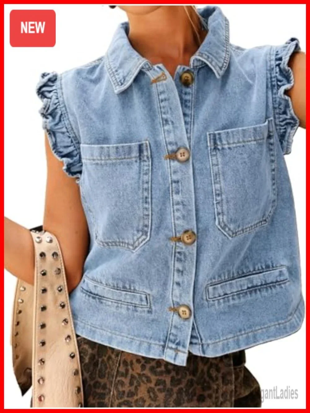 Women's Sleeveless Denim Vest Ruffle Cuffed Cropped Jacket Cotton Blend Country